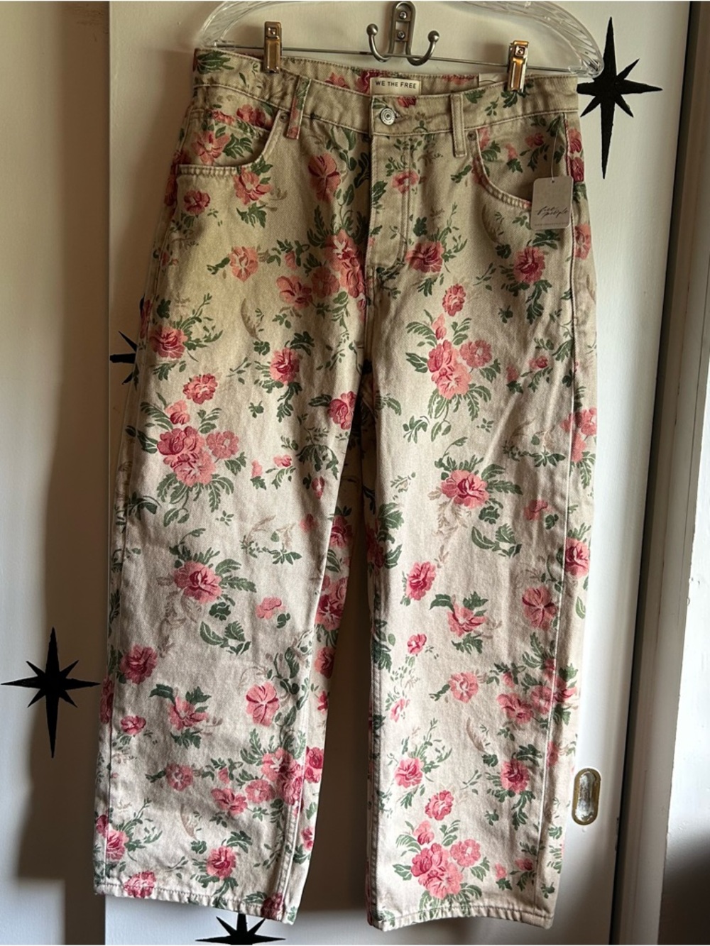 Free People Tan Wide Legged Barrel Jeans with Pink Floral Print